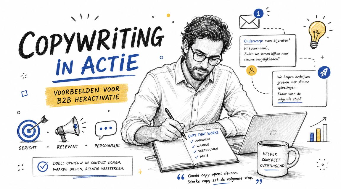 Een man schrijft in een notitieblok bij een laptop met B2B copywriting voorbeelden en zakelijke teksten.