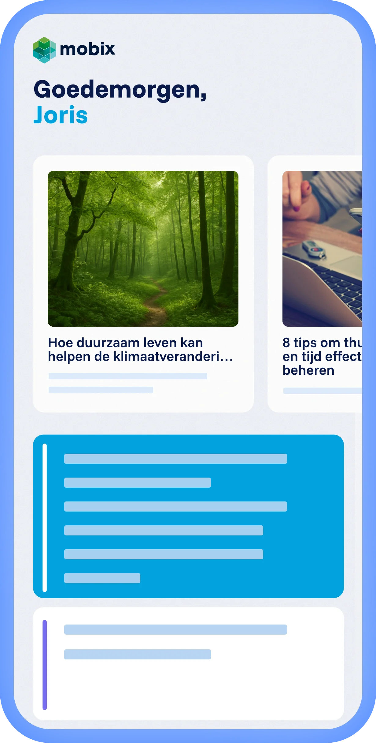 Spencer platform met lokale ervaring en eigen Mobix branding, gepersonaliseerde feed met artikelen en overzichtelijke layout