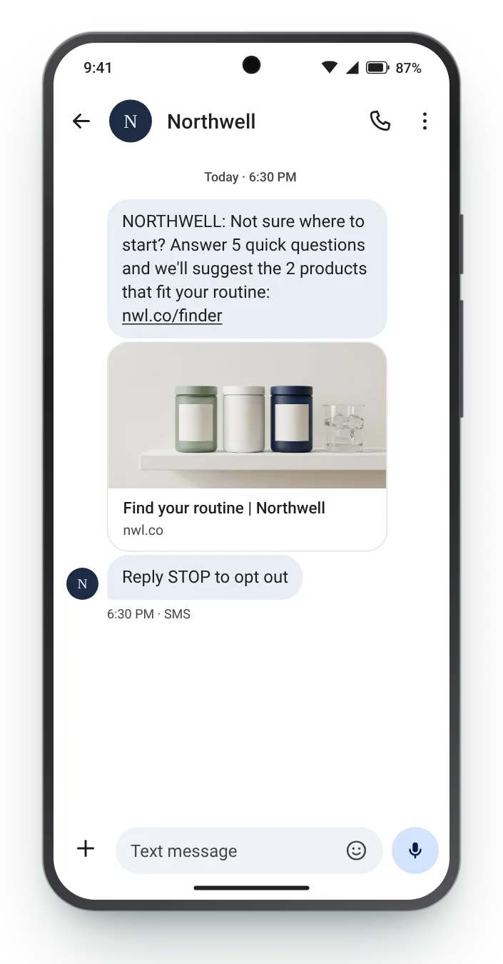 A 60-second product finder first-week SMS on an Android phone