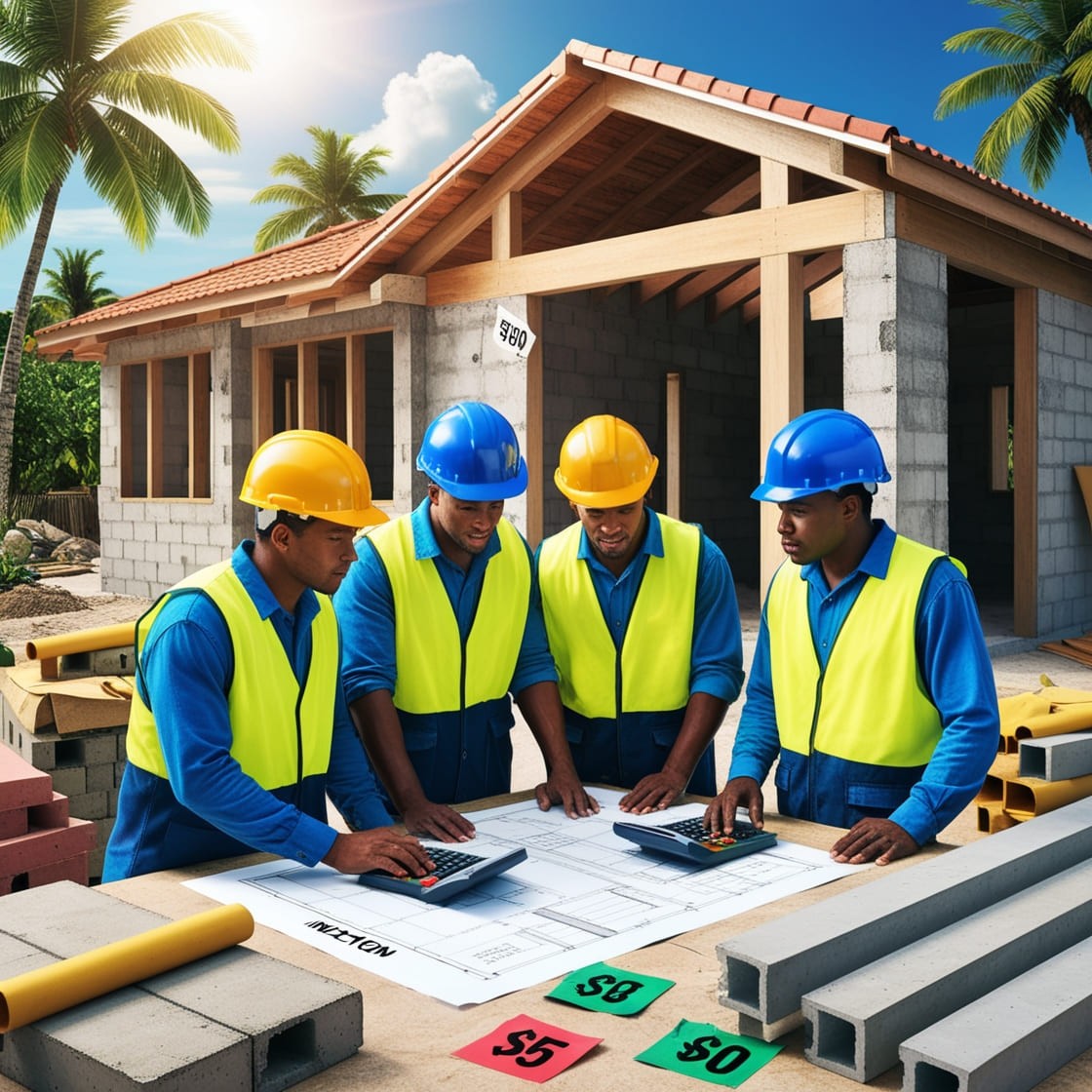 Chantier de construction dans les Caraïbes affecté par l'inflation, avec des ouvriers discutant de la hausse des coûts autour de plans et de calculatrices, des étiquettes de prix sur les matériaux comme le bois et le ciment, et un décor tropical avec des palmiers et une végétation luxuriante aux Antilles.