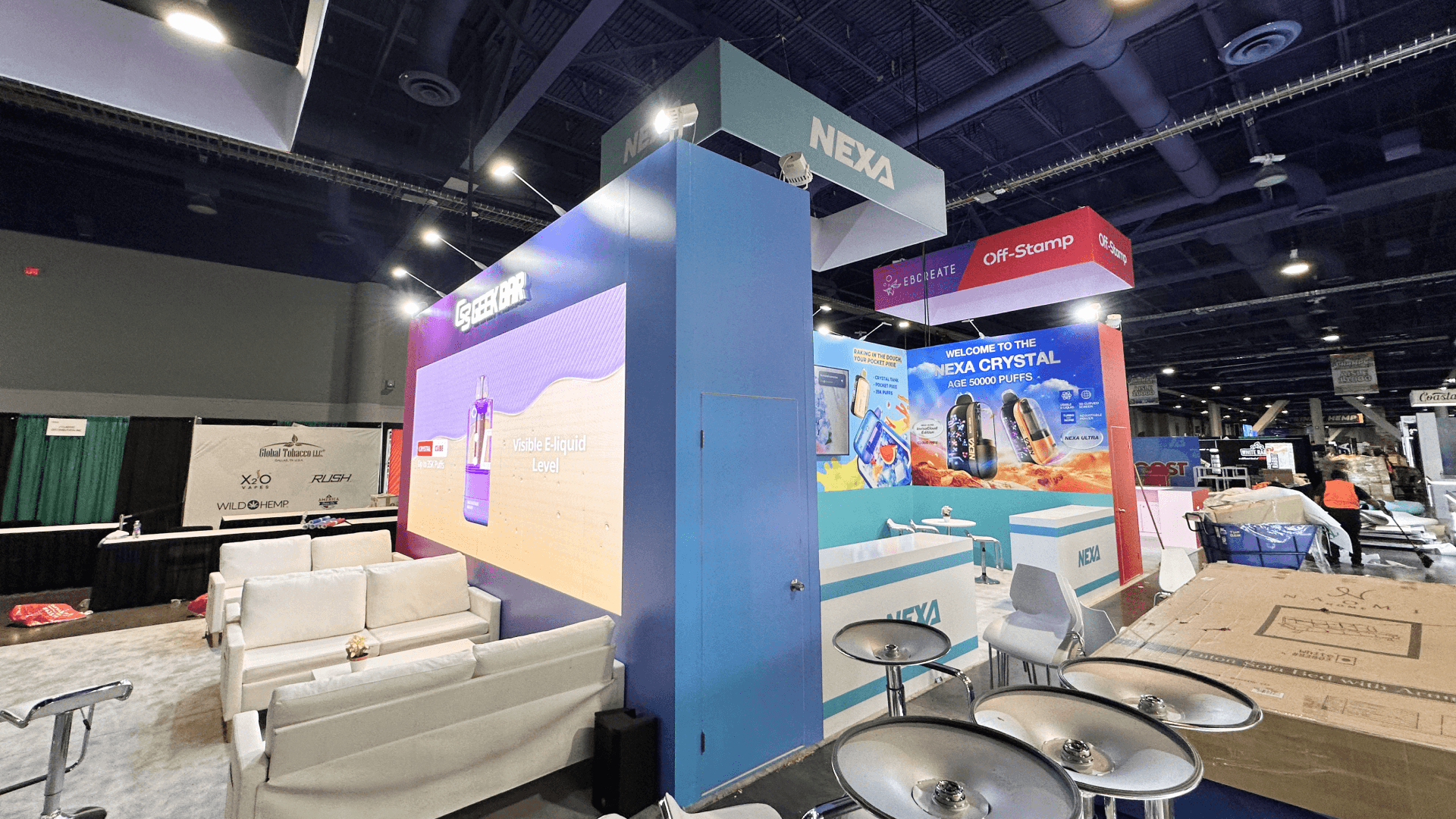 Geekbar CHAMPS Las Vegas 2025 20x60 booth at LVCC – wide sightlines, drayage staging, and open circulation for high-traffic demo operations.