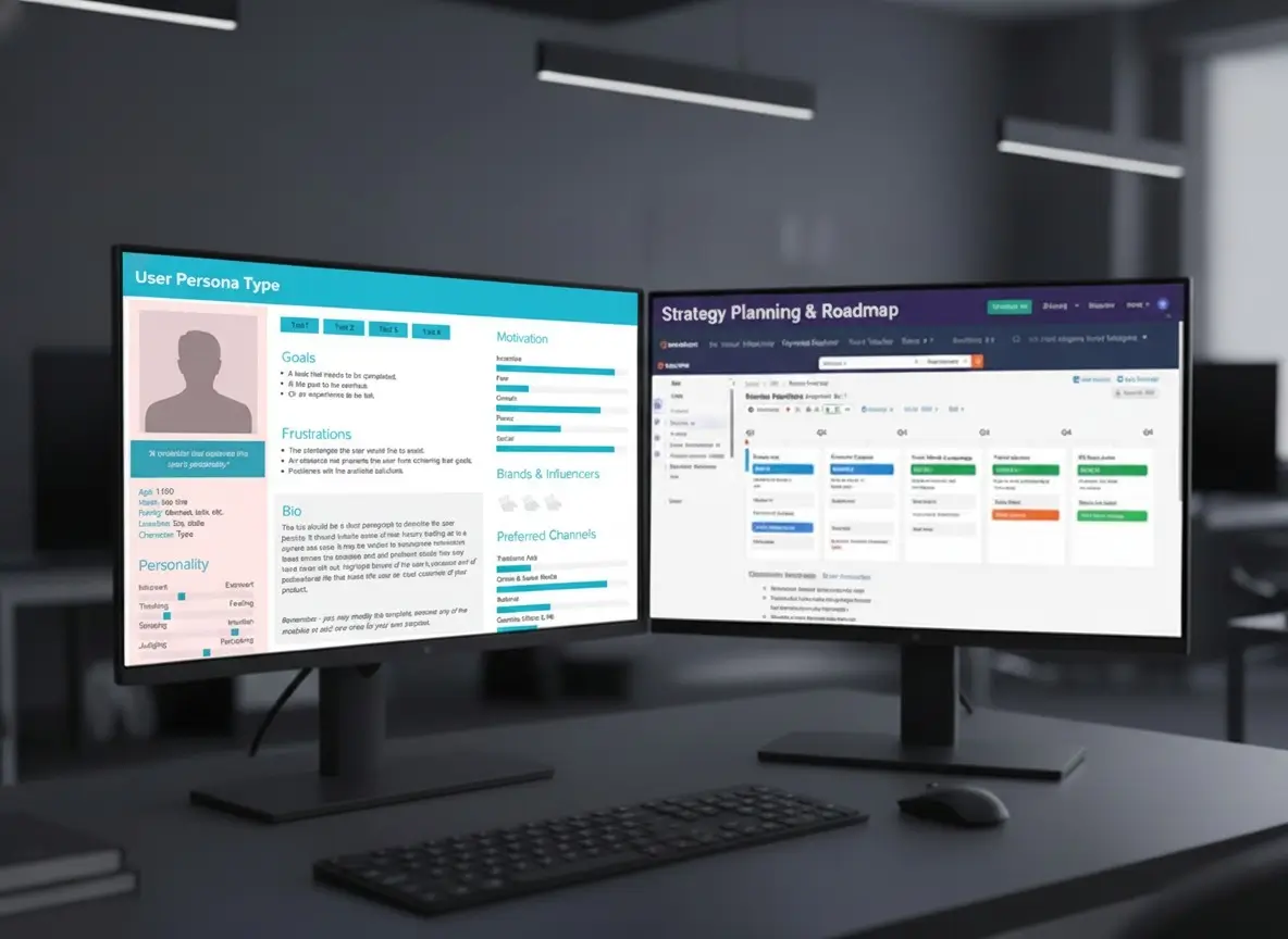 Digital marketing strategy planning session showing dual monitors with User Persona profile builder and comprehensive Strategy Planning & Roadmap timeline, demonstrating strategic marketing curriculum at MyCaptain