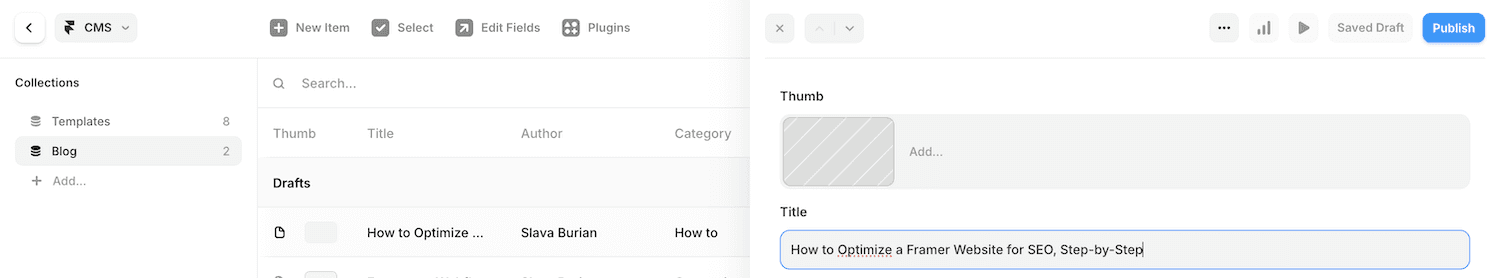 Framer CMS collection meta title and meta description