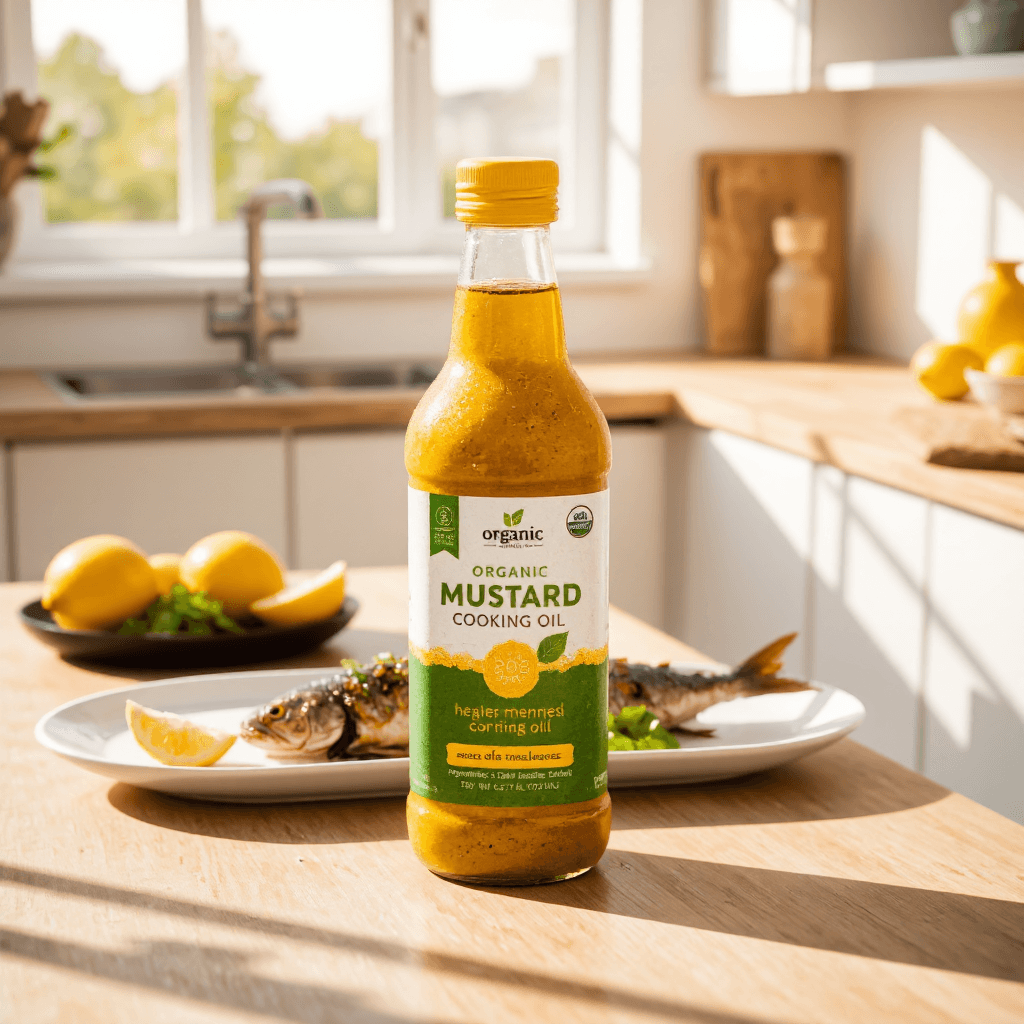 product photography of a bottle of organic mustard cooking oil