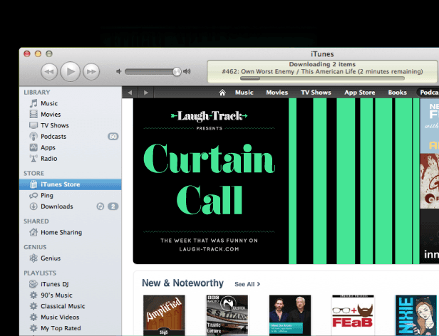 The image shows an iTunes window open on a Mac computer, displaying the iTunes Store page for the album "Curtain Call" by Laugh-Track. The album cover is prominently featured, with green vertical stripes on a black background and the title "Curtain Call" in large green letters. The text "The Week That Was Funny on Laugh-Track.com" is displayed below the title. The iTunes interface includes tabs for "Library," "Store," "Shared," and "Genius," along with a "Playlists" section listing various playlists like "iTunes DJ" and "90's Music." The currently playing song is "#462: Own Worst Enemy / This American Life" and is playing for 2 minutes and 2 minutes remaining. The window also shows "New & Noteworthy" tabs at the bottom.