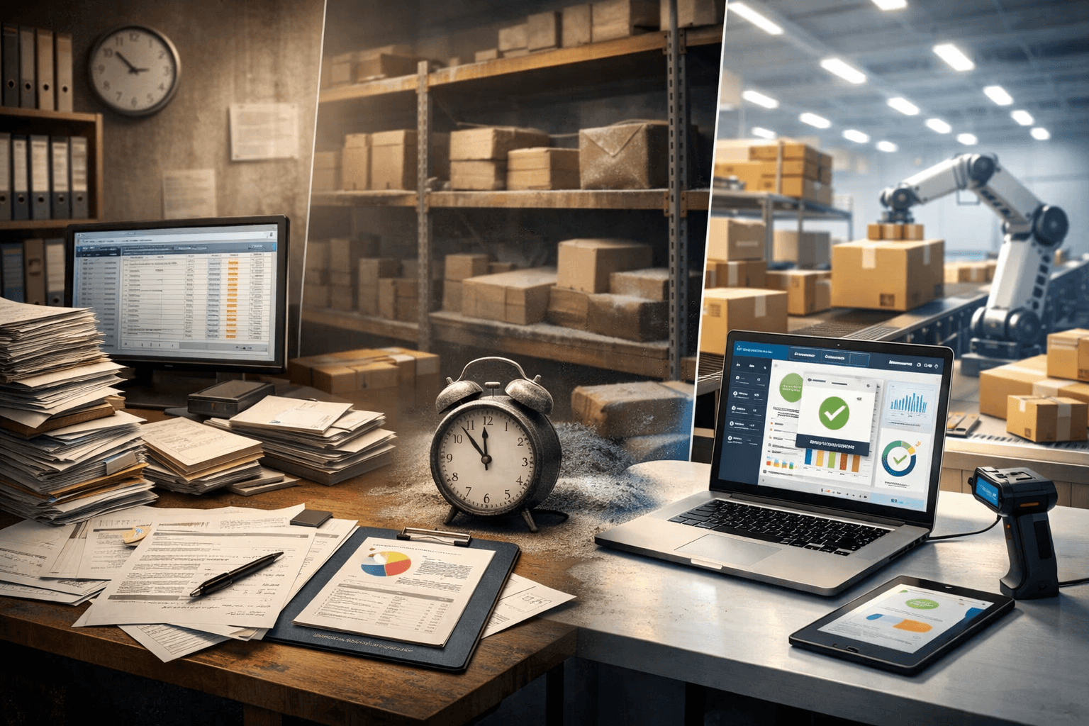 Ilustração 3D realista em formato 16:9 dividida em três partes: à esquerda, uma mesa desorganizada com pilhas de papéis, relatórios e um computador exibindo planilhas, representando trabalho manual e burocrático; ao centro, um estoque com caixas acumulando poeira e um relógio antigo, sugerindo inatividade e pedidos parados; à direita, um ambiente moderno e automatizado com esteiras, braço robótico organizando caixas e telas digitais com indicadores de desempenho, simbolizando eficiência operacional e aumento de pedidos.