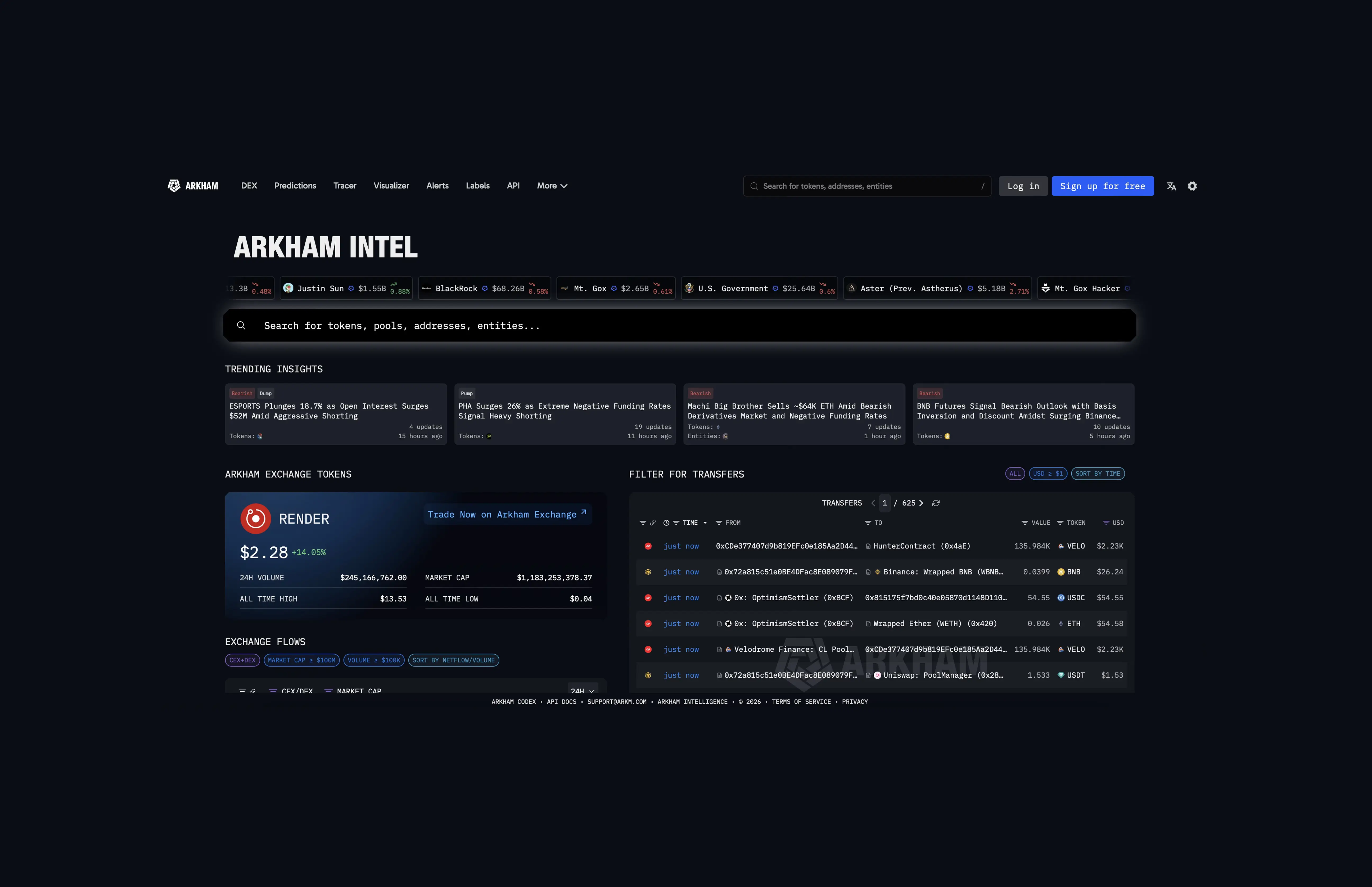 Arkham Intelligence platform showing real-time wallet transfers, entity labels, and on-chain flow tracking across EVM chains