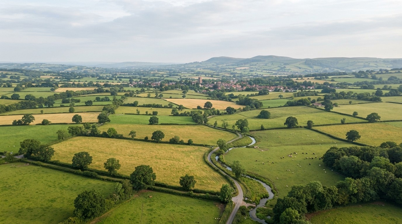 Aerial view of south Shropshire farmland: patchwork green fields, hedgerows and a small market town in the distance