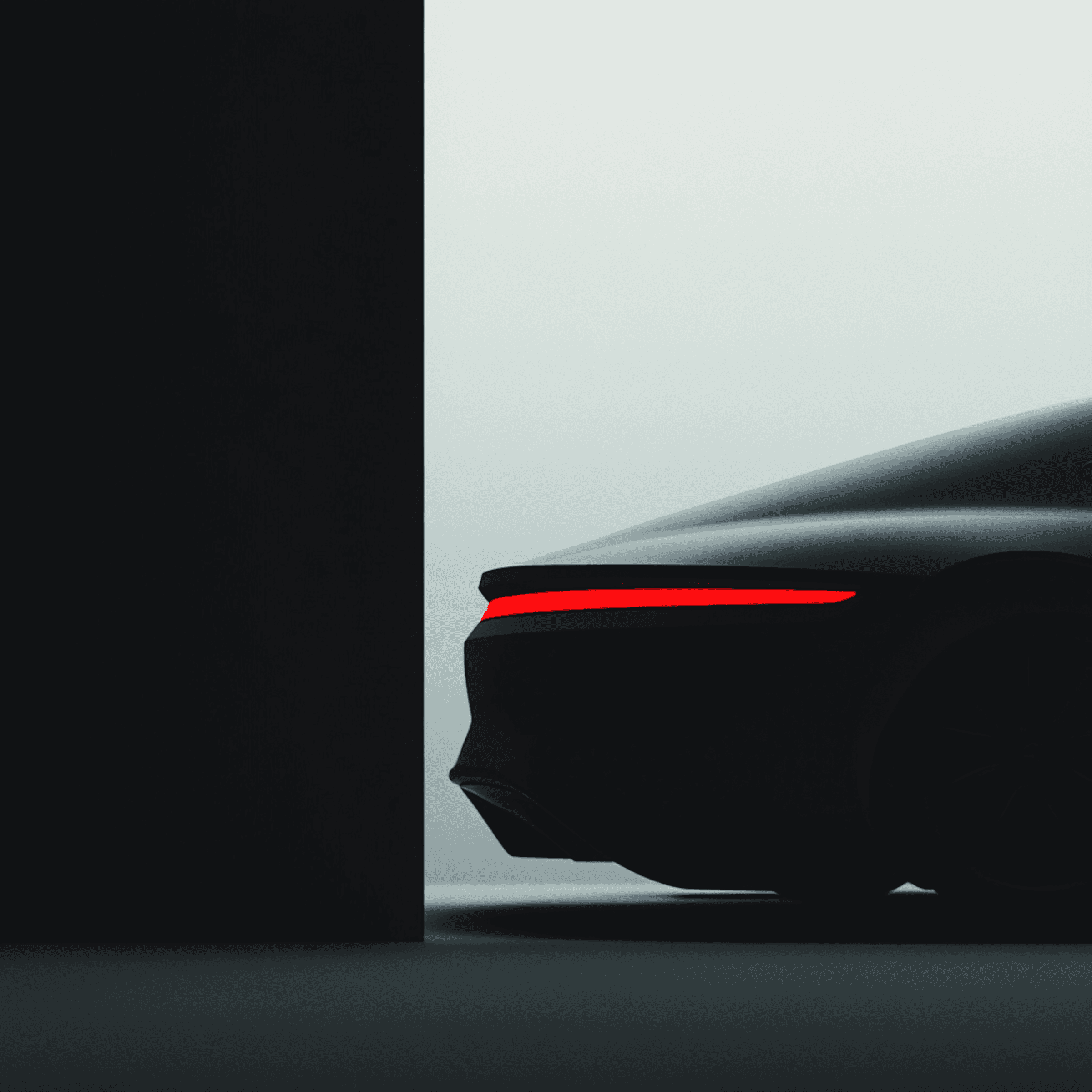 Sleek car with futuristic design and red LED light strip, set against a minimalistic gradient background.