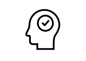 Line drawing depicting a human head with a checkmark