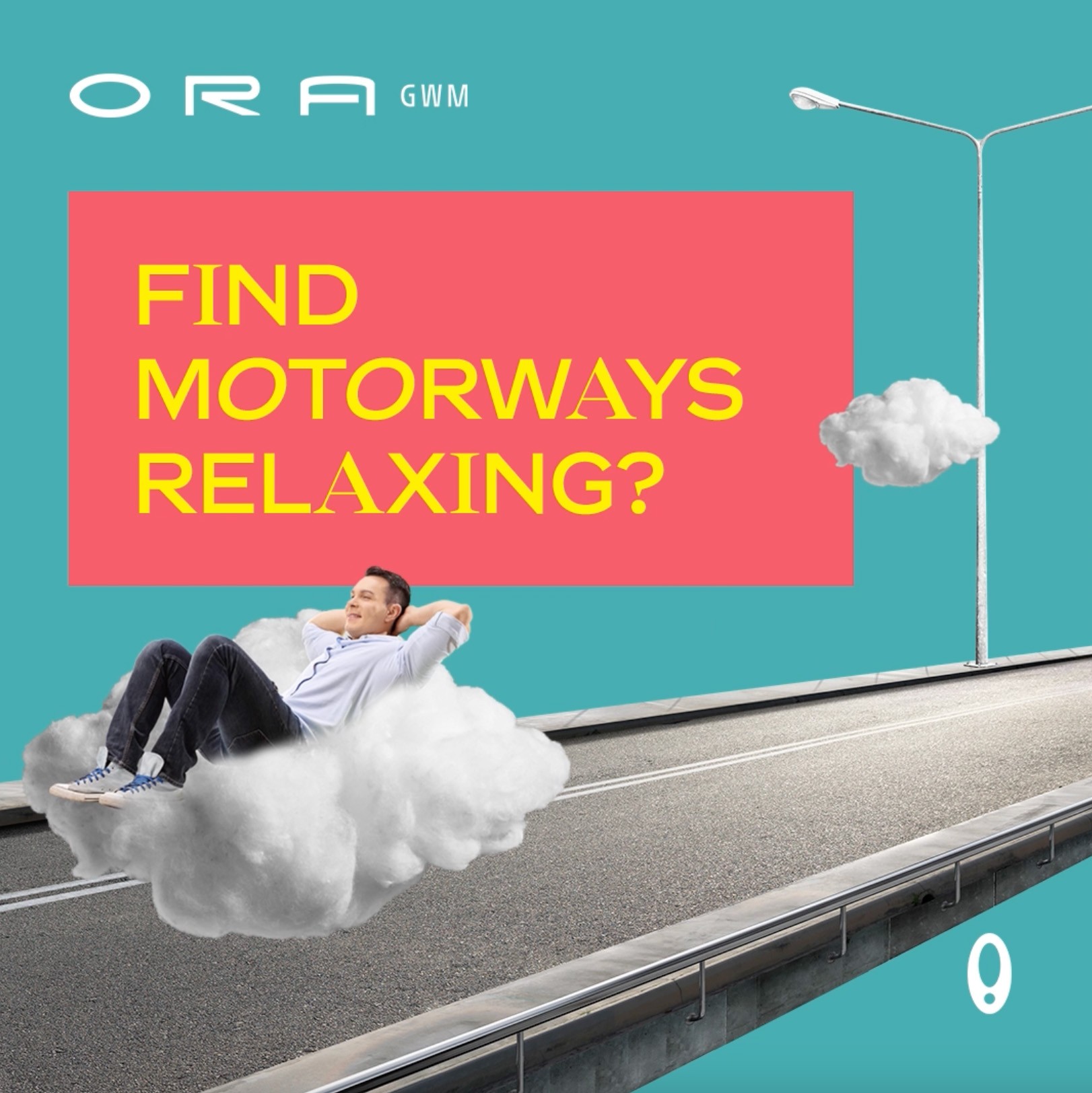 A man lying on a cloud with the message 'Find Motorways Relaxing;