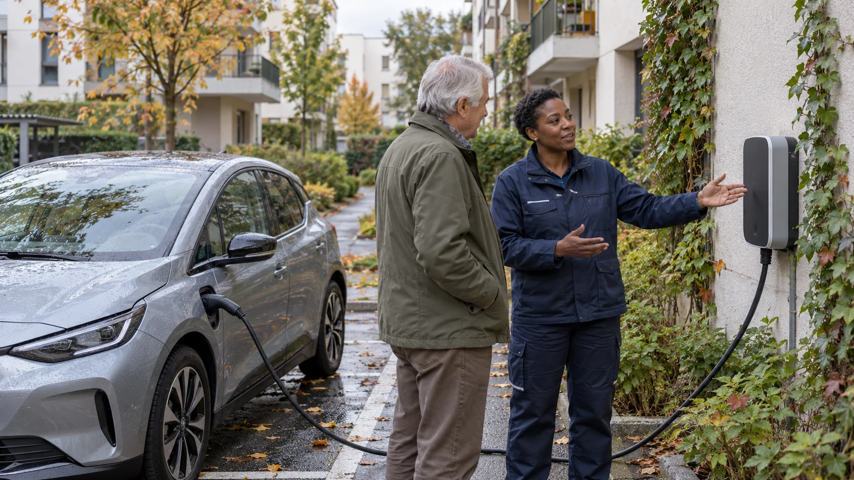Dans le parking extérieur d’une résidence, une technicienne échange avec un copropriétaire près d’une borne de recharge.