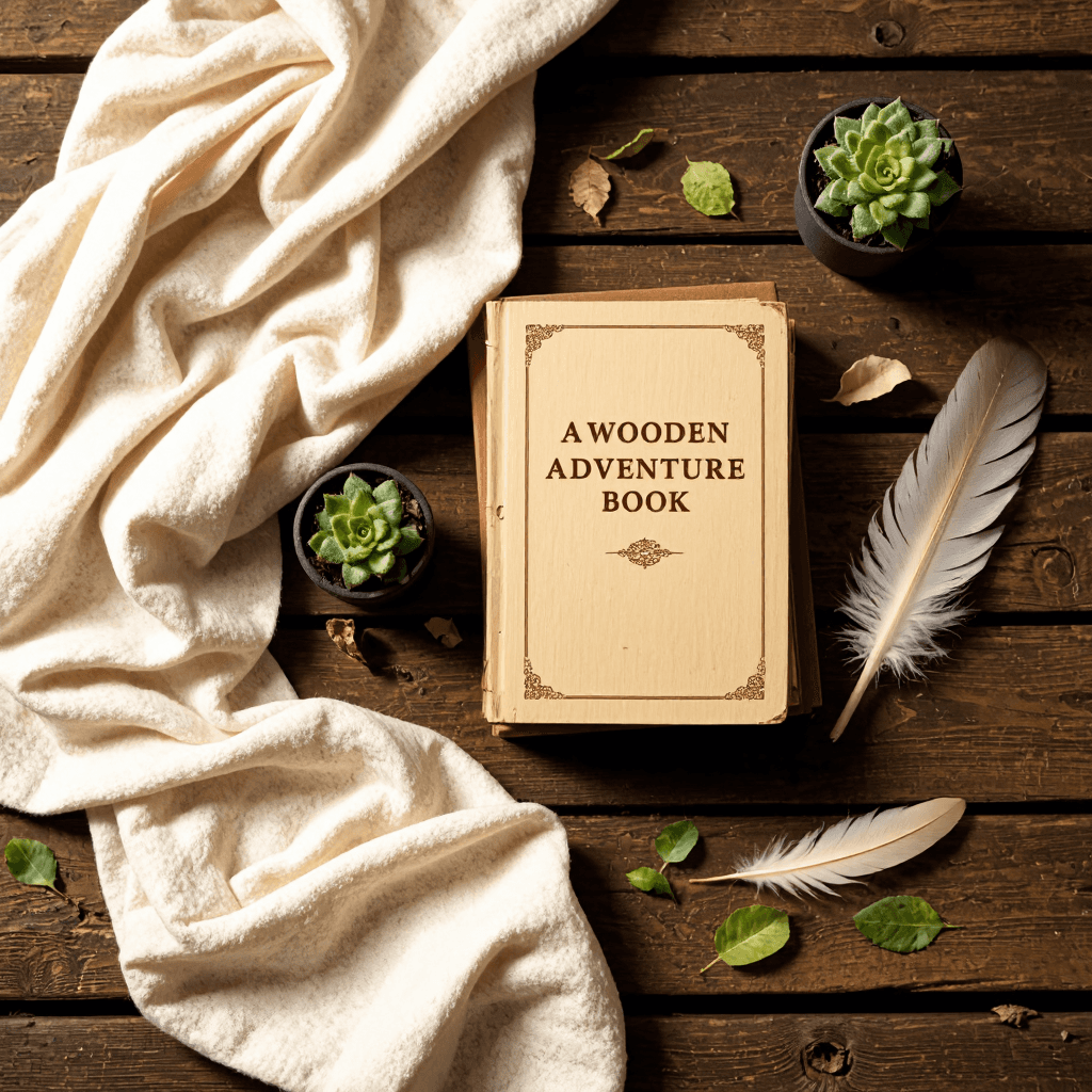 product photography of wooden adventure book