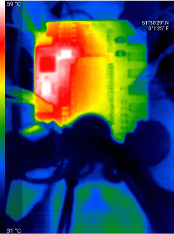 Thermal image of SwitchBlox at 1A load, regulator hotspot reaching 59°C