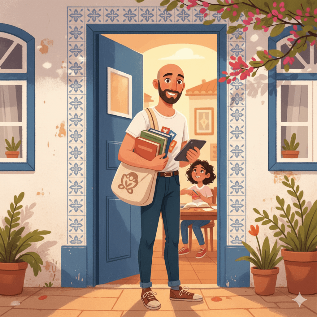 Explicador de Matemática chega a casa de um aluno, com livros e tablet para uma aula personalizada