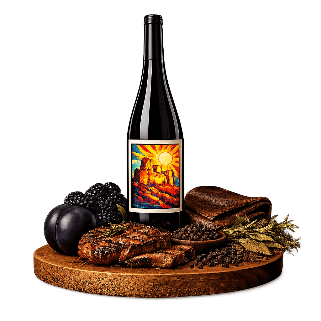 Artistic label and flavor profile for Spanish Jumilla Red on a rustic wooden table.