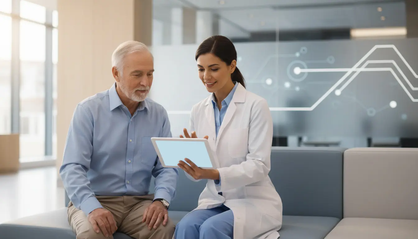 Fotografía de una consulta médica donde una doctora joven utiliza un dispositivo móvil para registrar los datos de un paciente de la tercera edad; la imagen ilustra la digitalización de la atención clínica y la interacción del usuario senior con interfaces móviles.