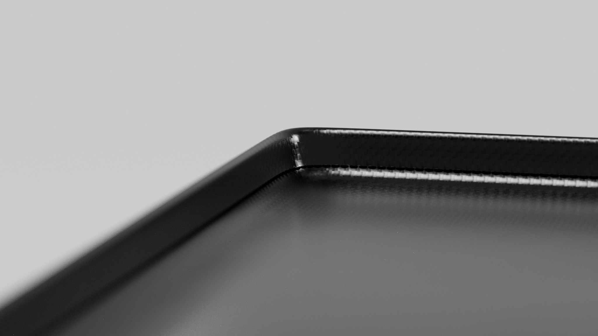 3D-Rendering einer schwarzen Biertischplane auf dunklem Hintergrund mit Fokus auf Materialstruktur und Kantenverlauf