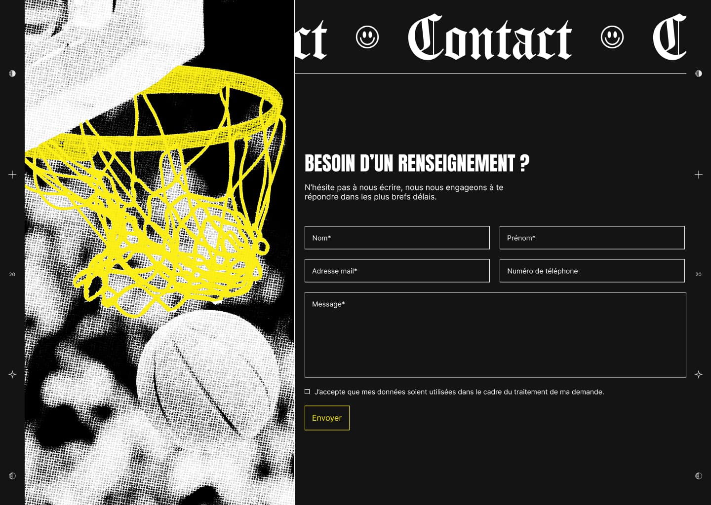 Formulaire de contact du site de DearBBall, avec une image de panier de basketball stylisée