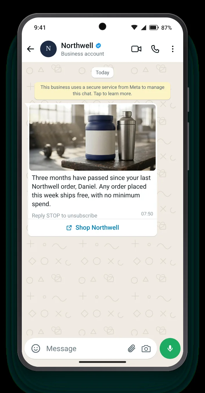 Shipping covered on a return order: WhatsApp win-back message on an Android phone