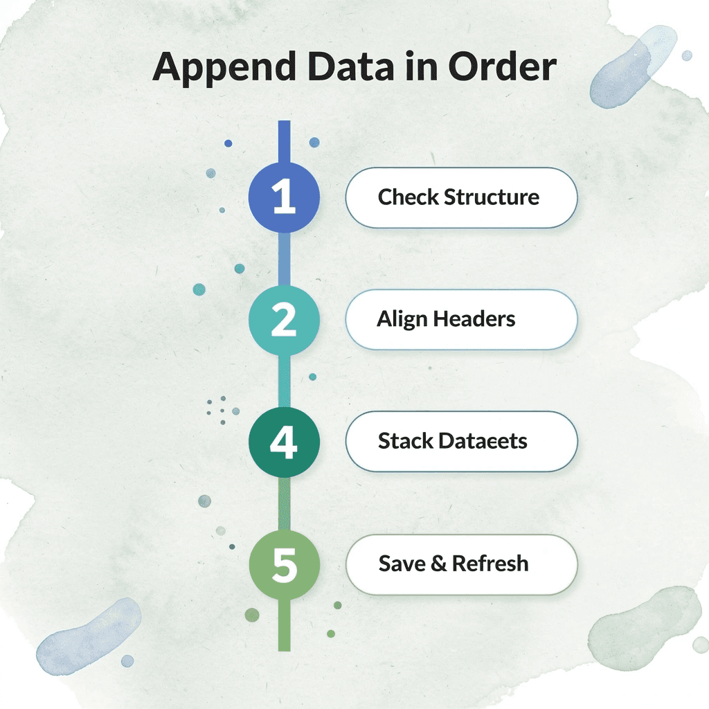 Numbered steps infographic showing the sequence to append data in Excel