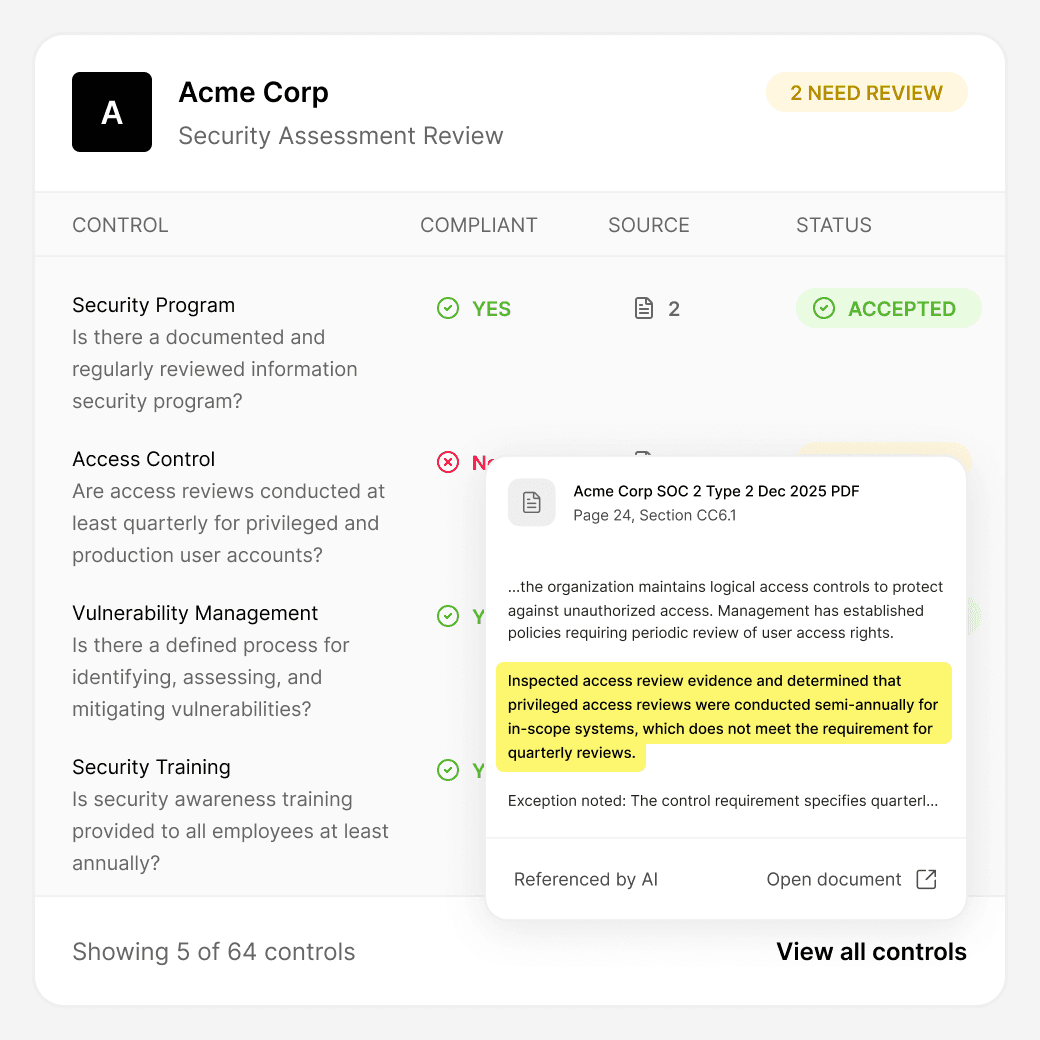 Assessment view showing sourced findings with rationale and linked evidence.
