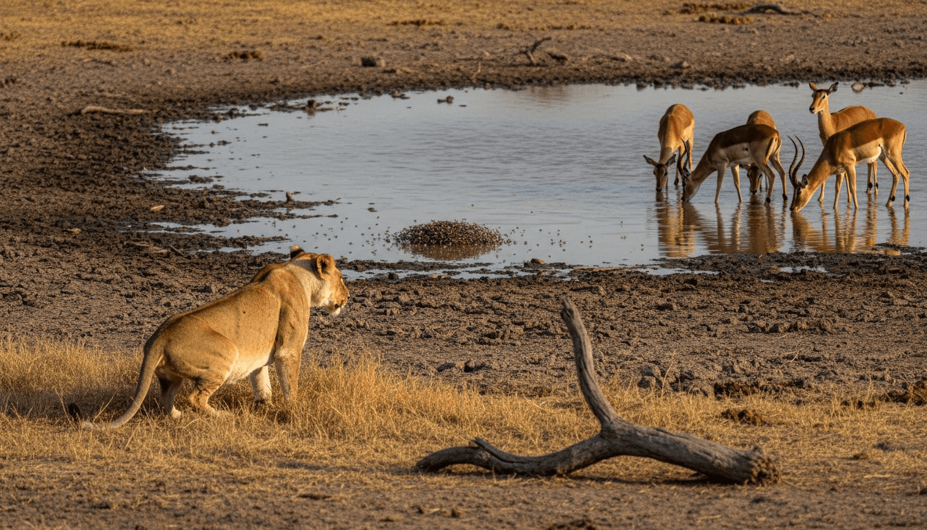Une lionne guette discrètement sa proie près d’un point d’eau.