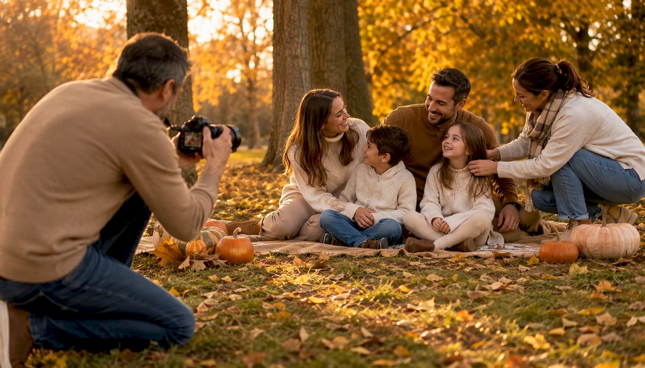 Photographer preparing indoor family mini session studio setup