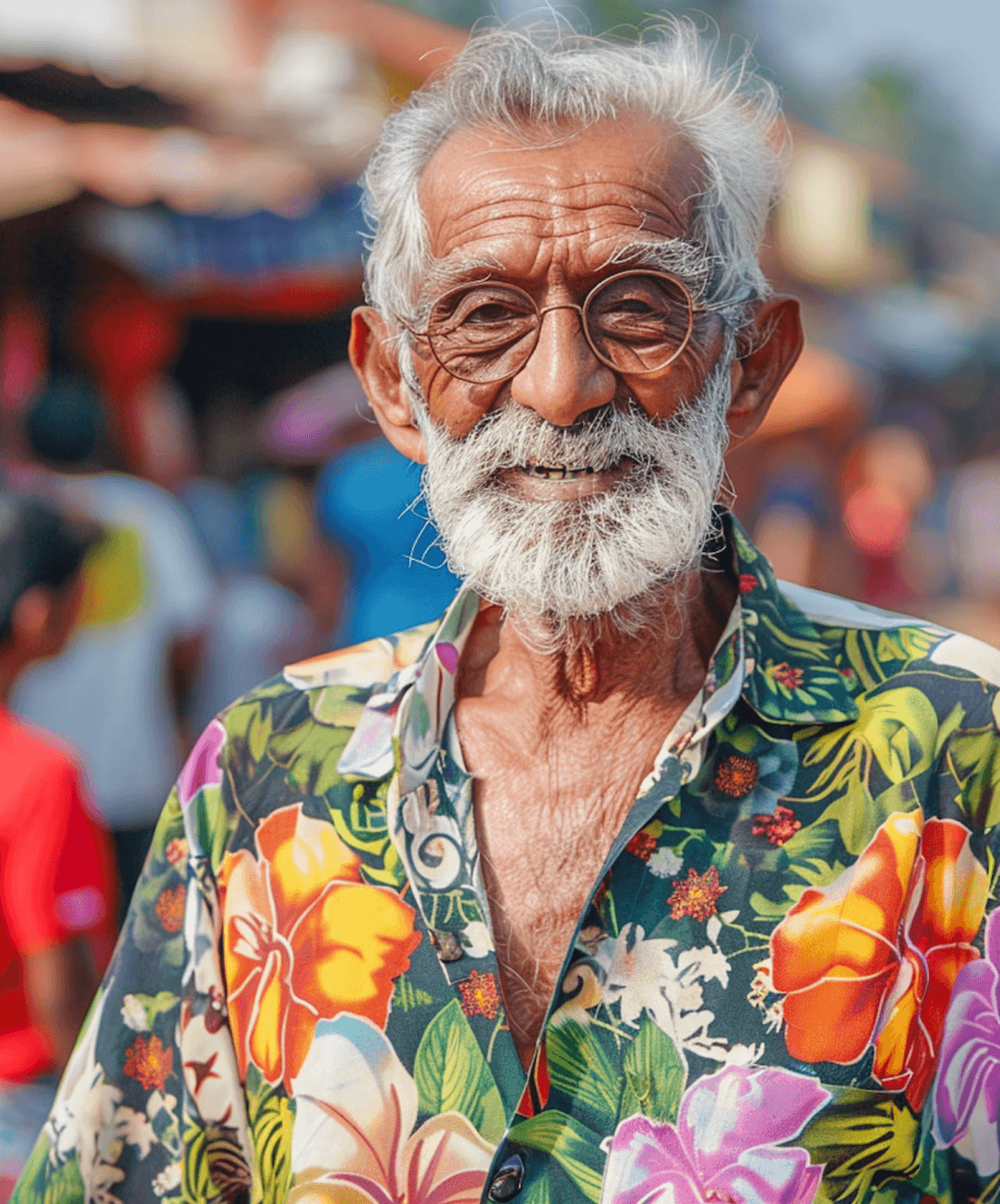 An elderly man with glasses, smiling warmly, wearing a vibrant floral shirt stands in a busy outdoor market, with colorful stalls and shoppers in the background.
