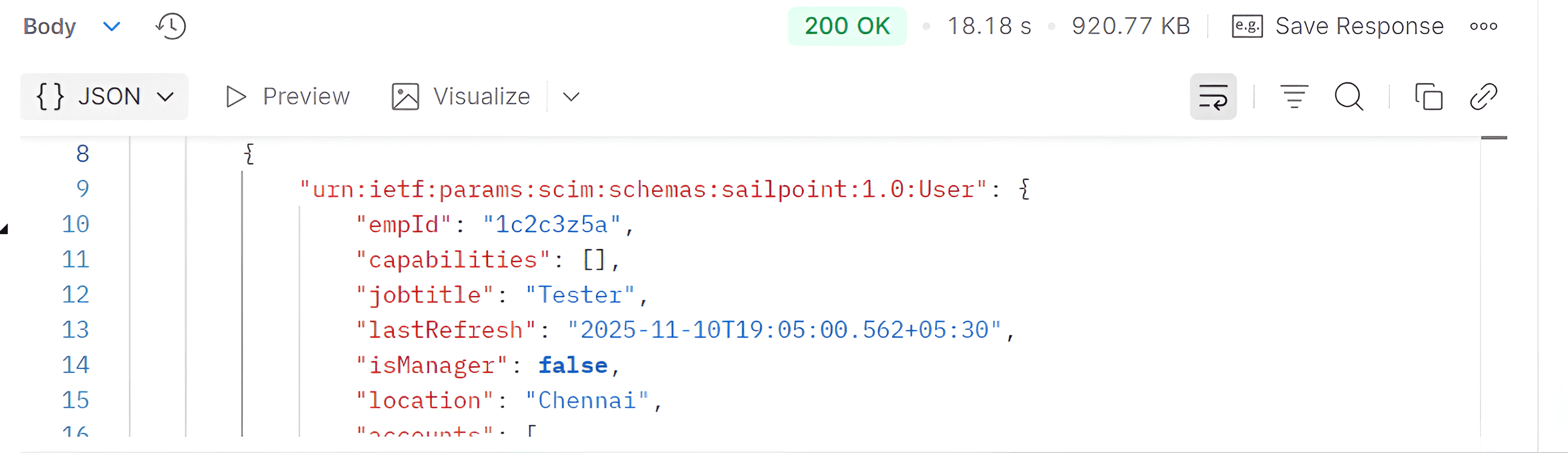API client response showing a 200 OK status with a JSON payload of SailPoint SCIM user details.