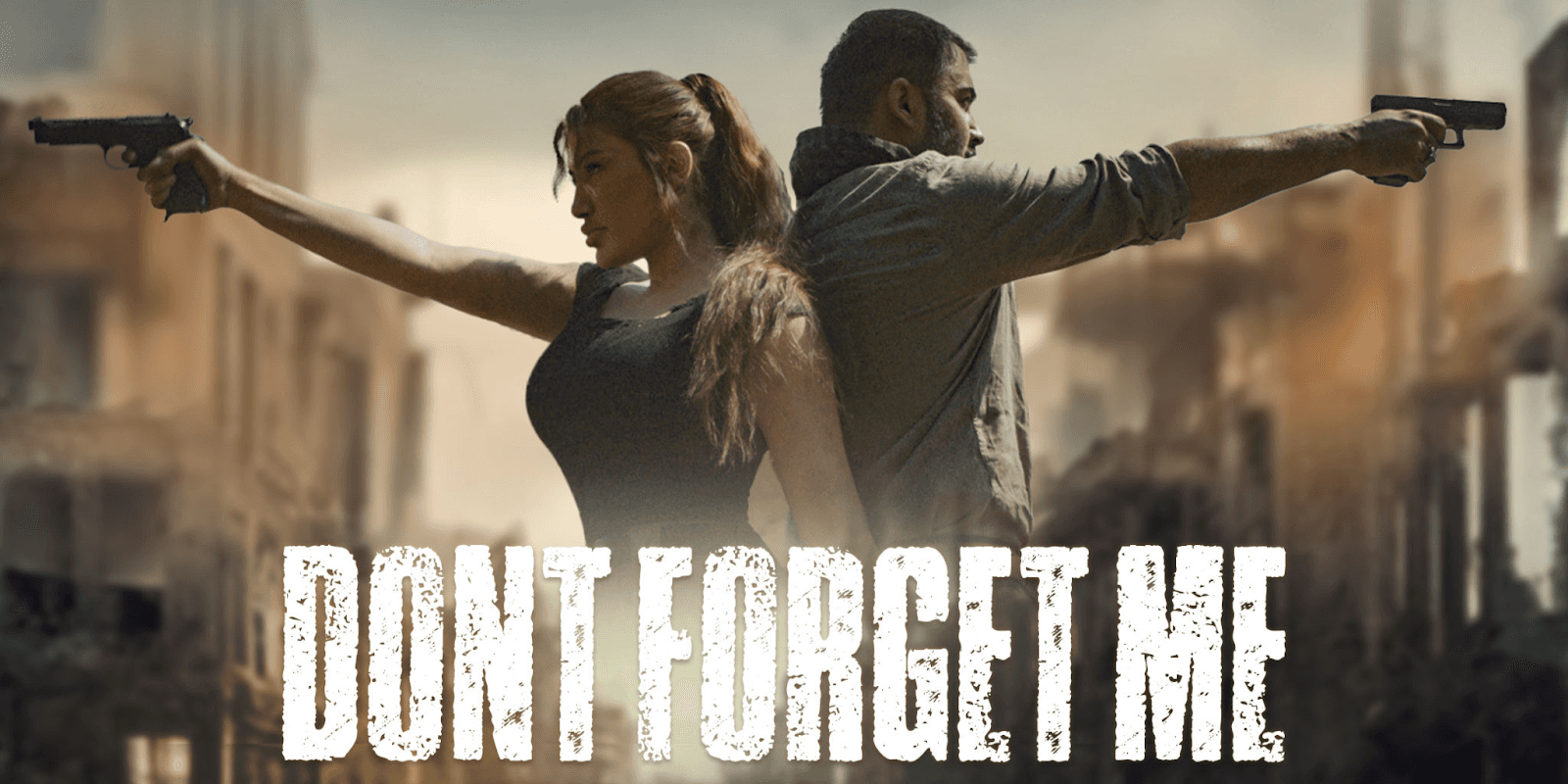 Two armed individuals, a man and a woman, standing back-to-back in a post-apocalyptic cityscape, symbolizing strength and resilience.