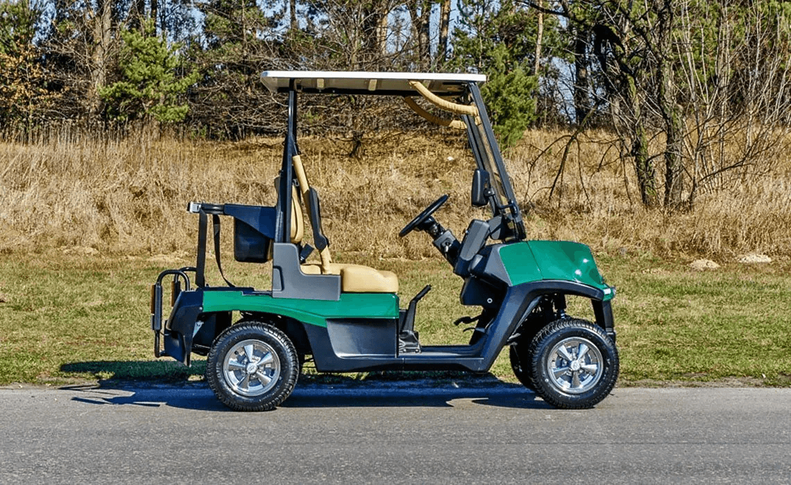 a golf cart with a golf bag