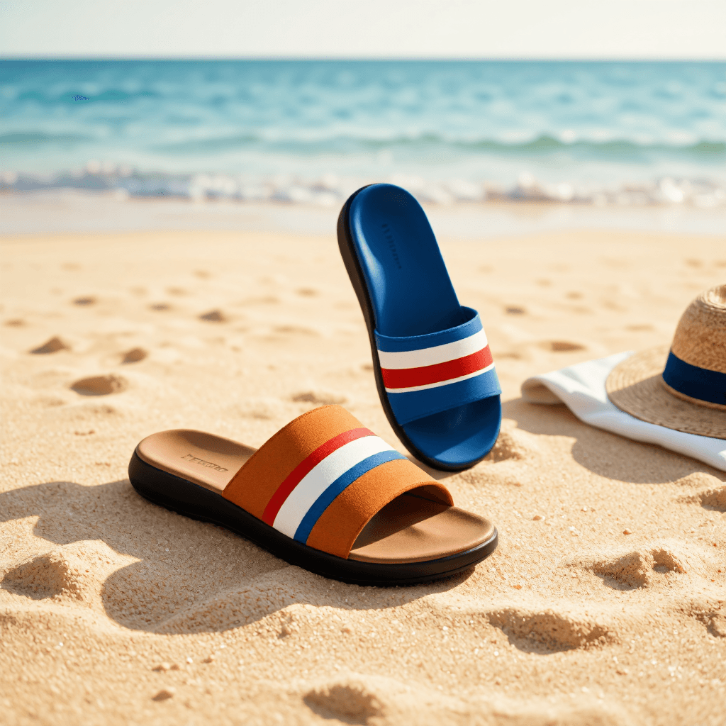 product photography of a pair of slide sandals designed for casual wear