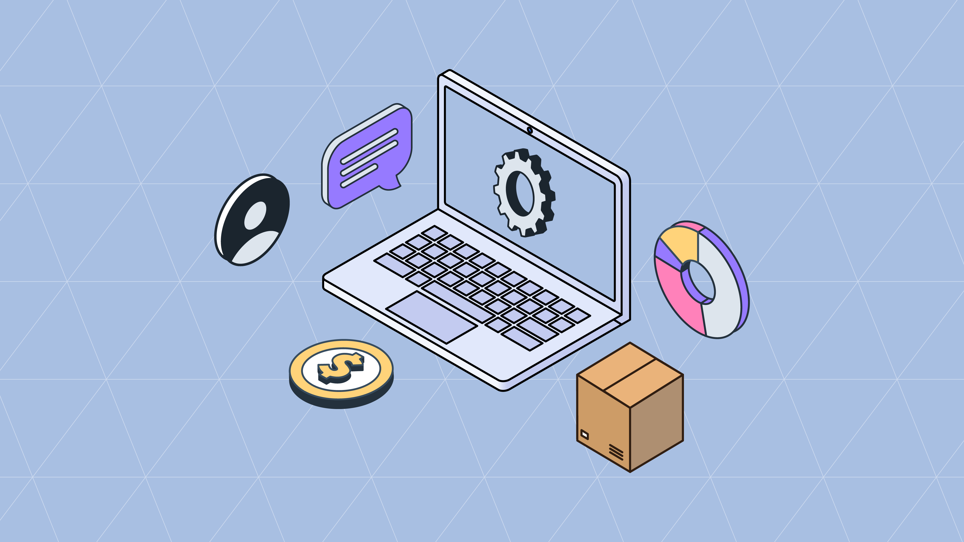 Isometric illustration of an open laptop displaying a gear icon, surrounded by a speech bubble, user avatar, dollar coin, cardboard box, and donut chart.
