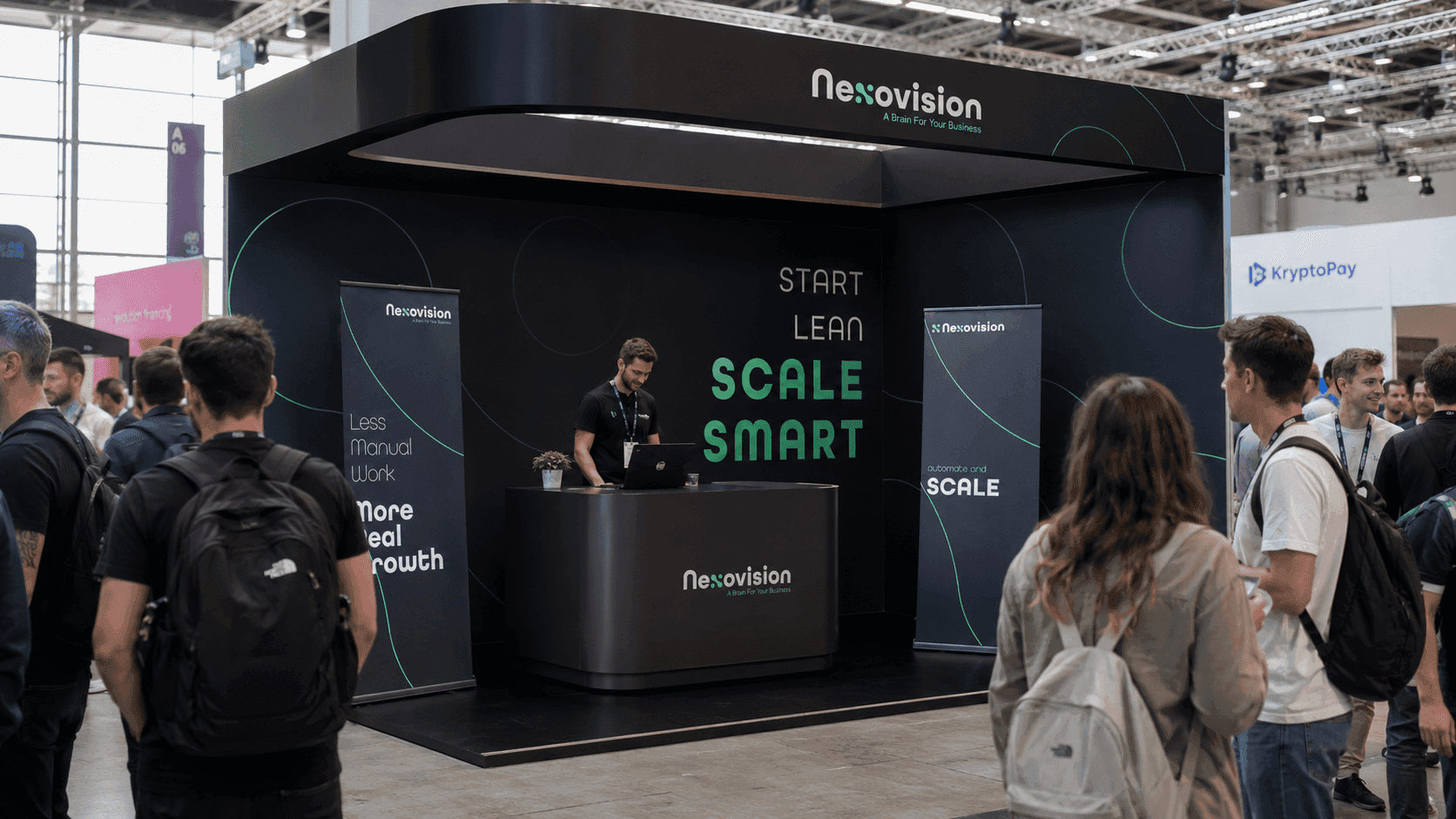 Nexovision identity applied consistently across an exhibition booth, banners and counter