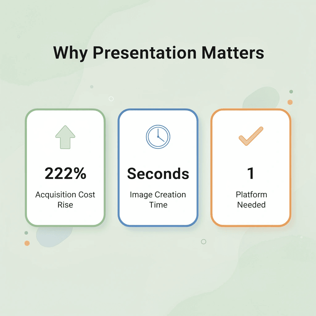 Stats infographic highlighting a 222% rise in acquisition costs, seconds to create images, and a single platform needed