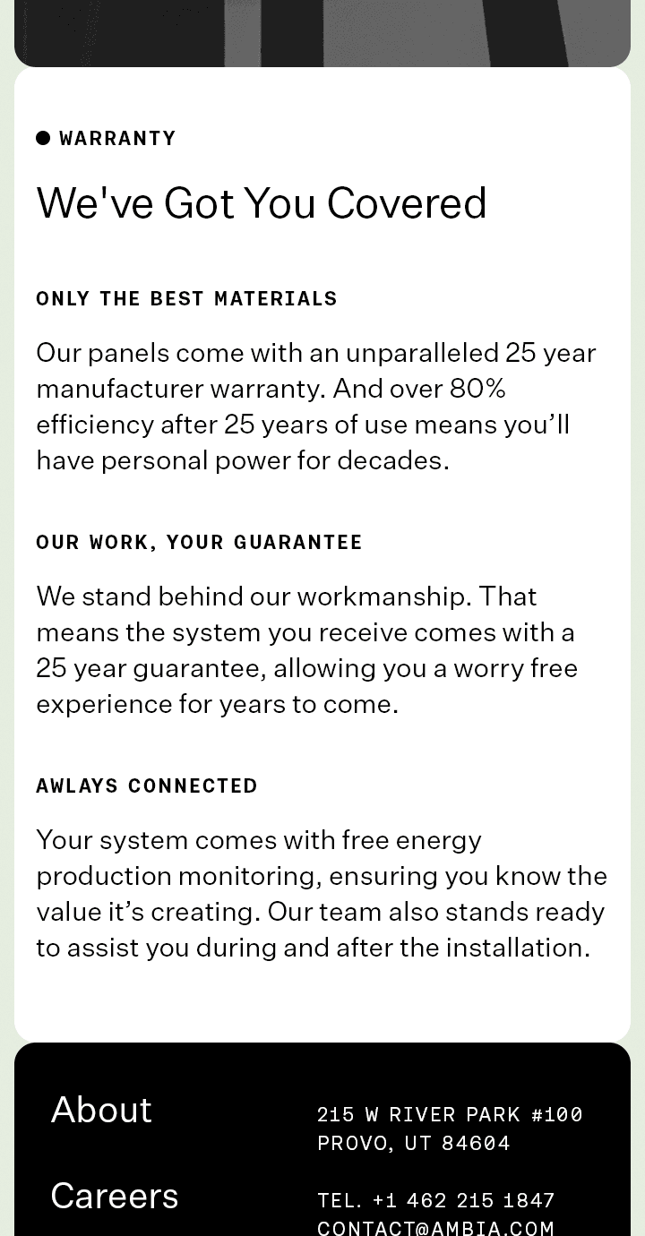 AMBIA Solar Homepage warranty mobile.