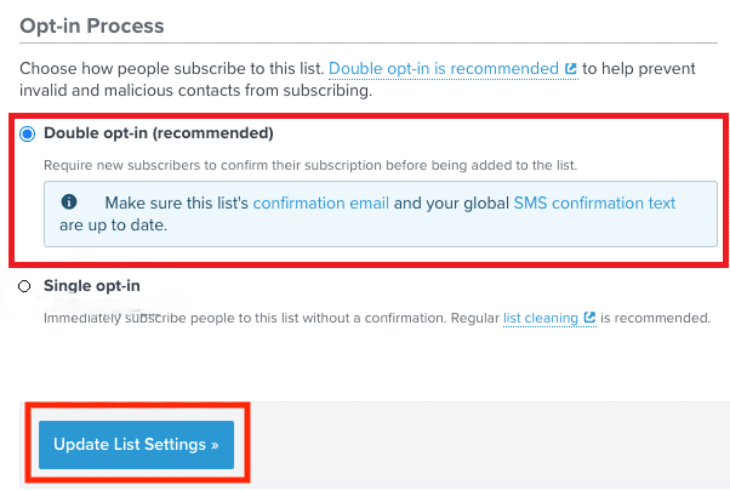 Double Opt-In Settings Screenshot – A settings panel showing the double opt-in option enabled, highlighting best practices for subscriber verification.