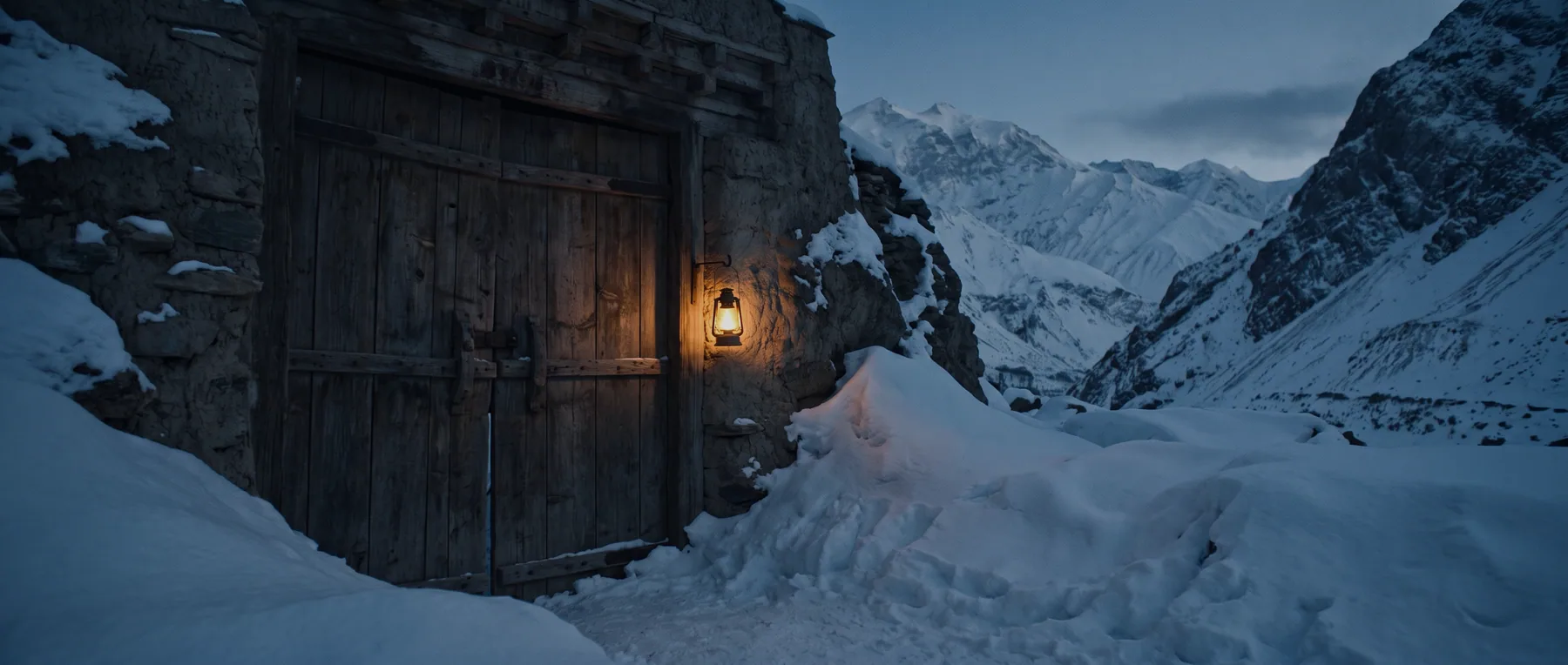 Concept art: a barred timber door set into a stone wall in deep snow, one lantern burning beside it, snow peaks behind.