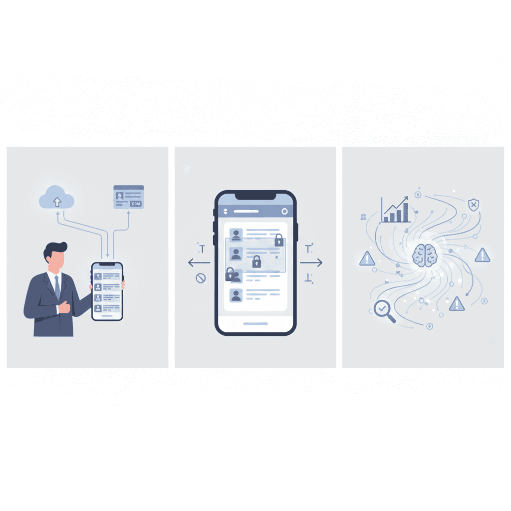 Side-by-side illustration showing user-owned, platform-controlled, and AI-driven data ownership models in business card apps