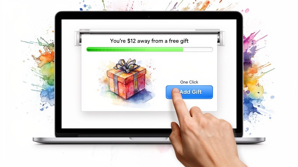 A hand clicks 'Add Gift' on a laptop screen showing a '$12 away from free gift' promotion with a watercolor gift box.