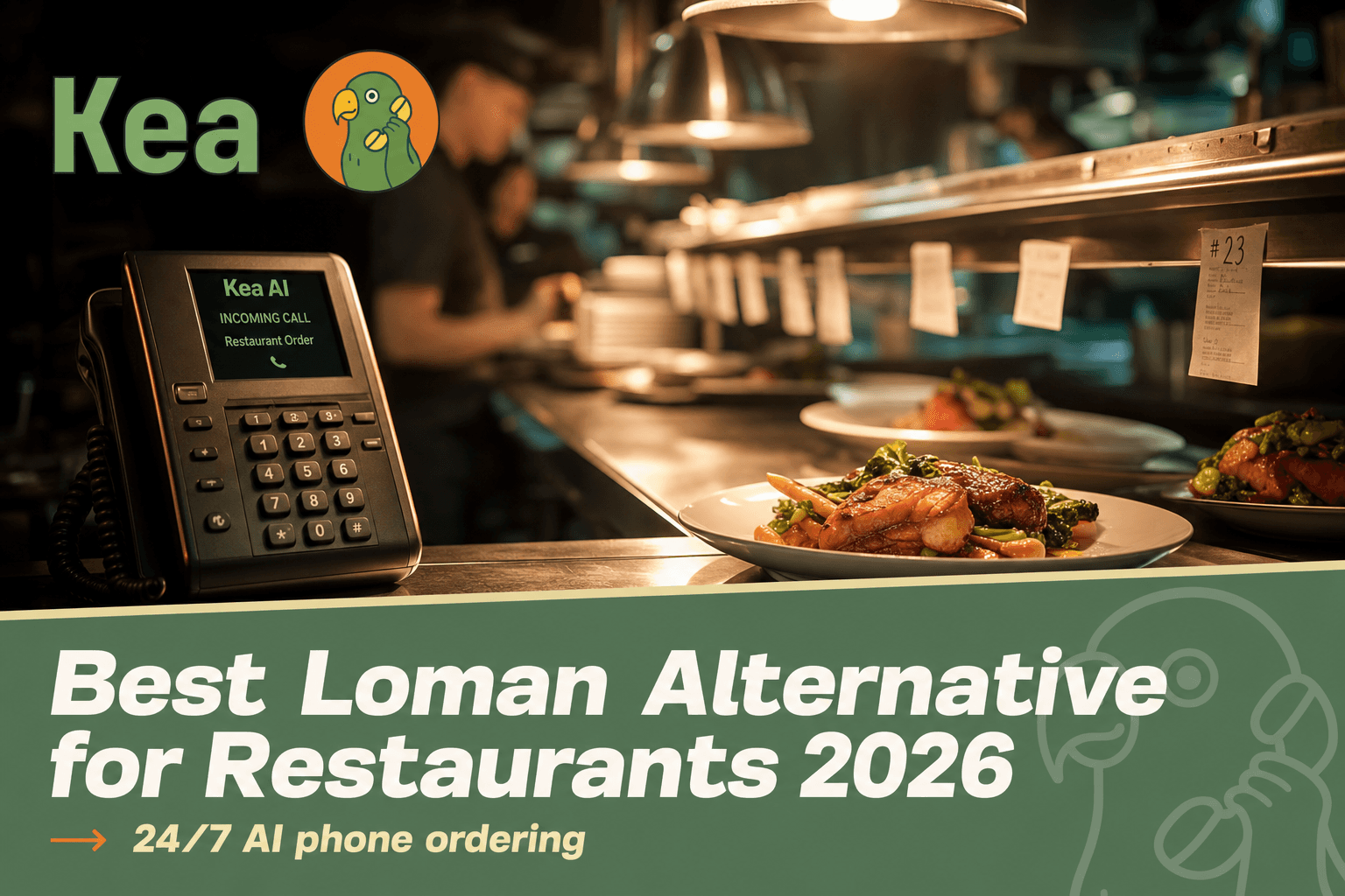 This image promotes Kea AI as the best alternative to Loman for restaurants in 2026, emphasizing its 24/7 AI-powered phone ordering capabilities. The visual shows a restaurant kitchen with food orders being prepared and a phone displaying an incoming call from 'Kea AI' labeled 'Restaurant Order,' highlighting automated order-taking technology designed to improve restaurant efficiency and customer service.