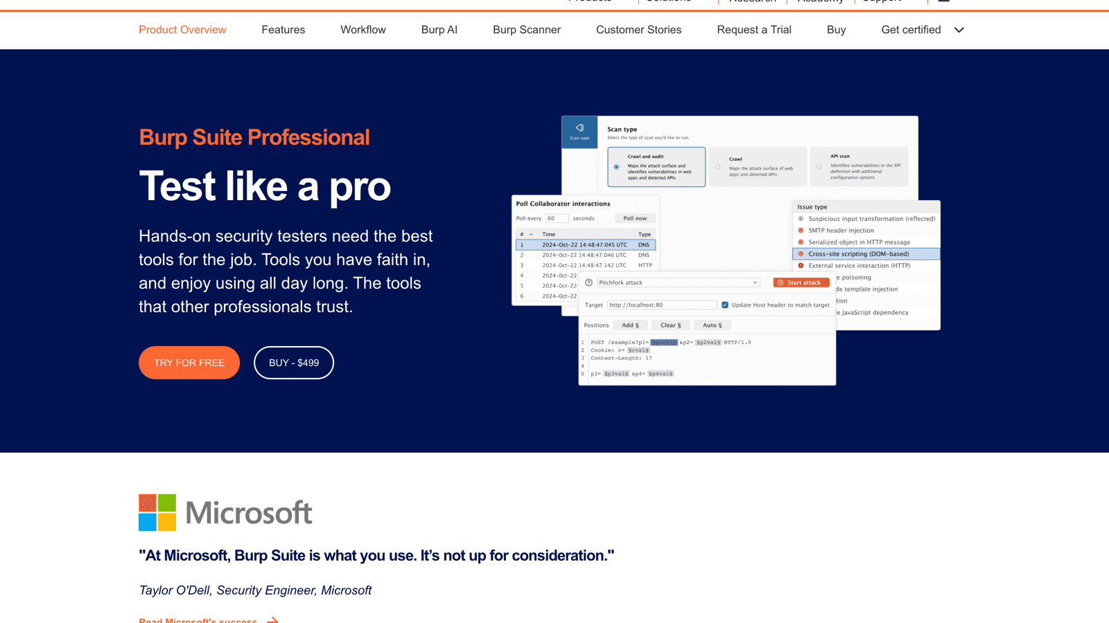 Burp Suite Professional pricing page showing the TRY FOR FREE and BUY - $499 buttons under the Test like a pro headline
