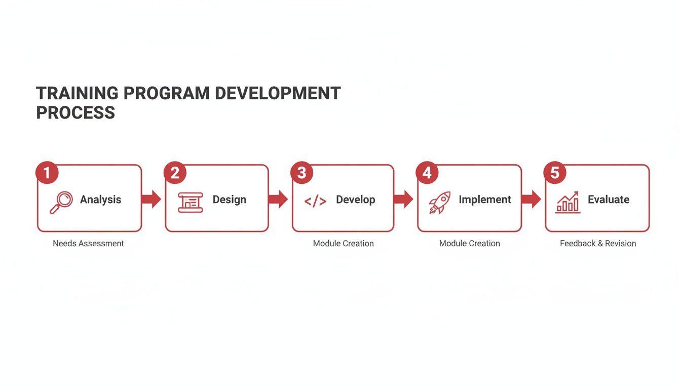 A 5-step infographic showing the training program development process: Analysis, Design, Develop, Implement, Evaluate.