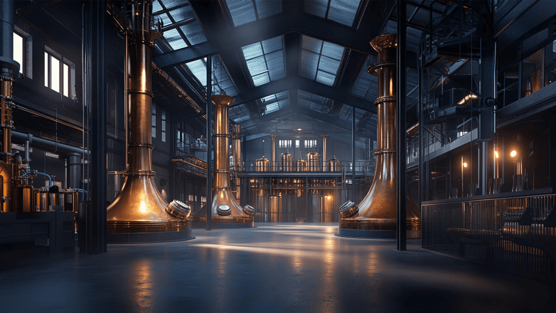 inside a whiskey distillery with column stills