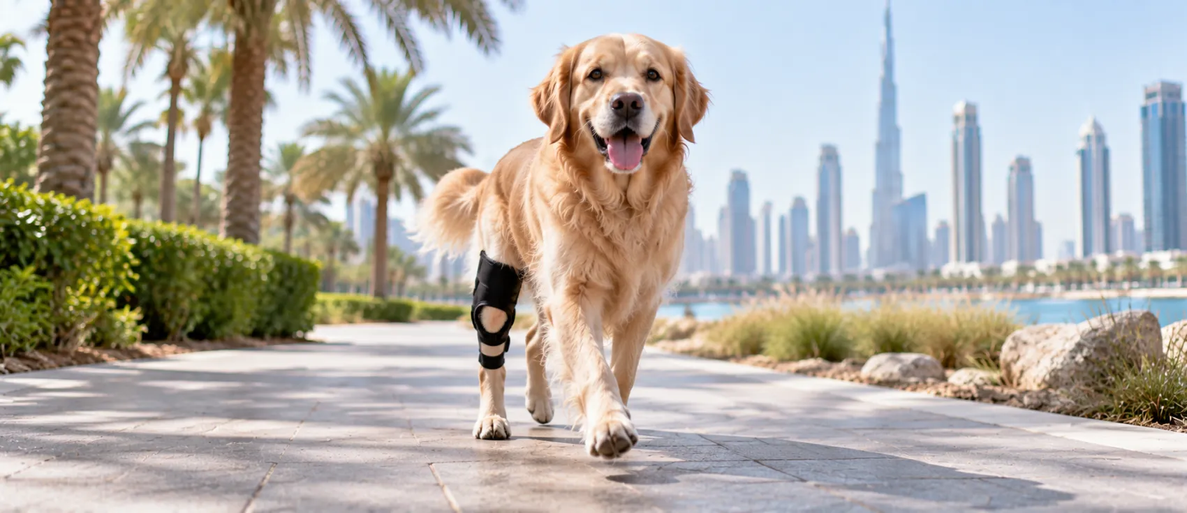 A Golden Retriever sits on a veterinary exam table beside a travel crate and clipboard.