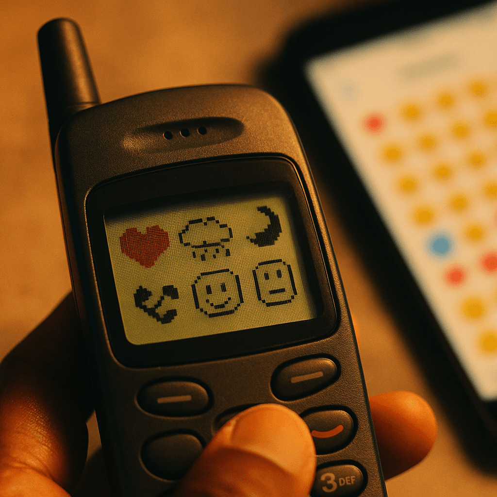 Original 1999 NTT DoCoMo emoji designed by Shigetaka Kurita displayed on vintage mobile phone screen showing blocky 12x12 pixel heart and weather symbols, contrasted with modern high-resolution emoji on smartphone, illustrating how 144-pixel constraint created foundation for visual language now used by 5 billion people globally.