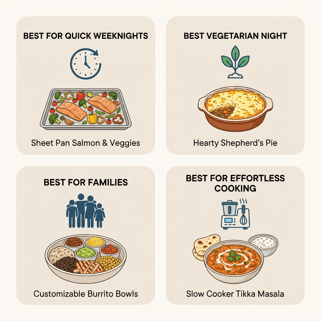 Healthy dinner ideas comparison infographic with four category recommendations