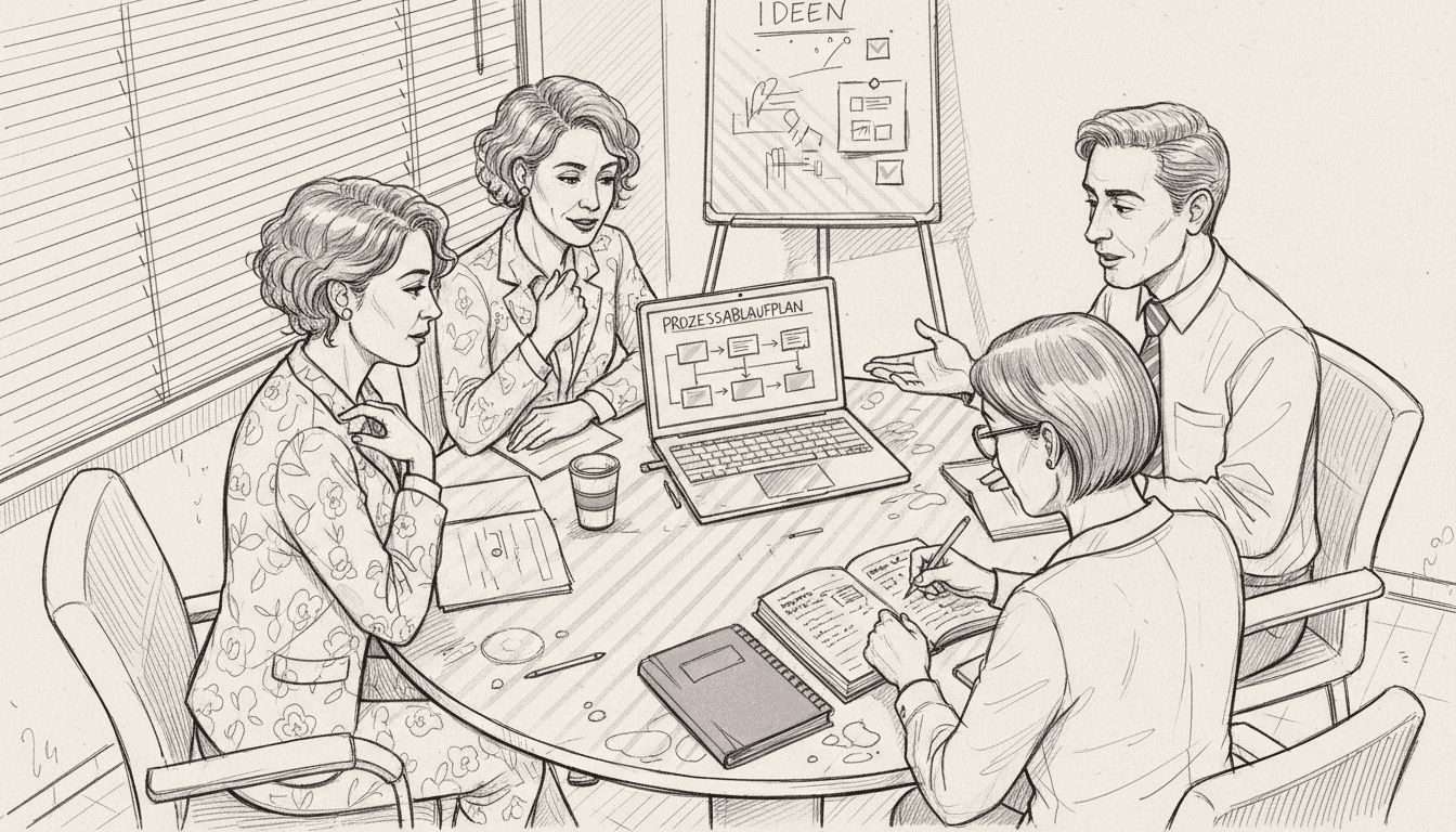 Ein Team sitzt zusammen und bespricht, wie künstliche Intelligenz sinnvoll in die Arbeitsprozesse integriert werden kann – eine realistische Besprechungsszene aus dem Arbeitsalltag.