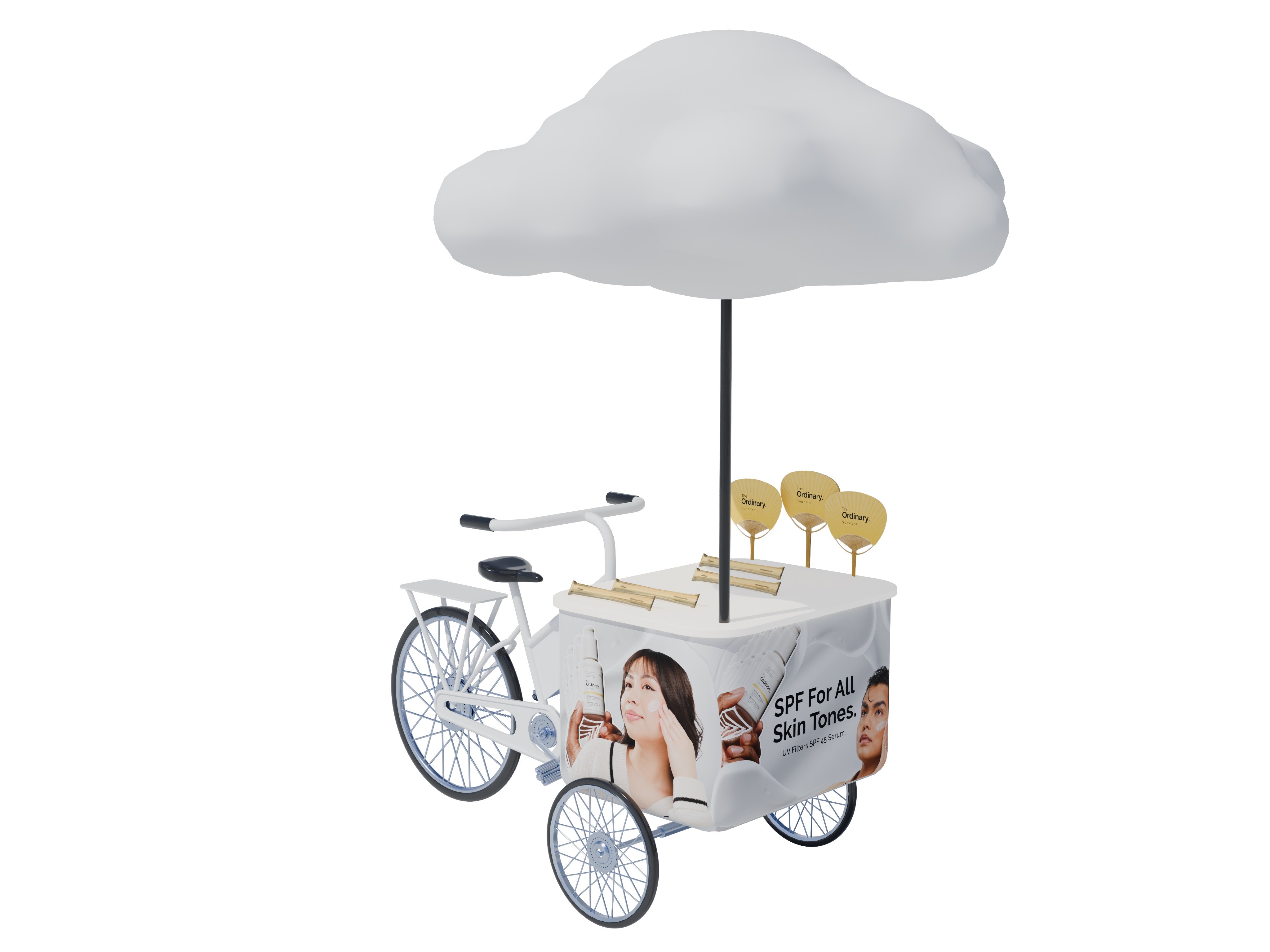 Branded sunscreen cart and packaging extend the pop-up concept into mobile visitor touchpoints.